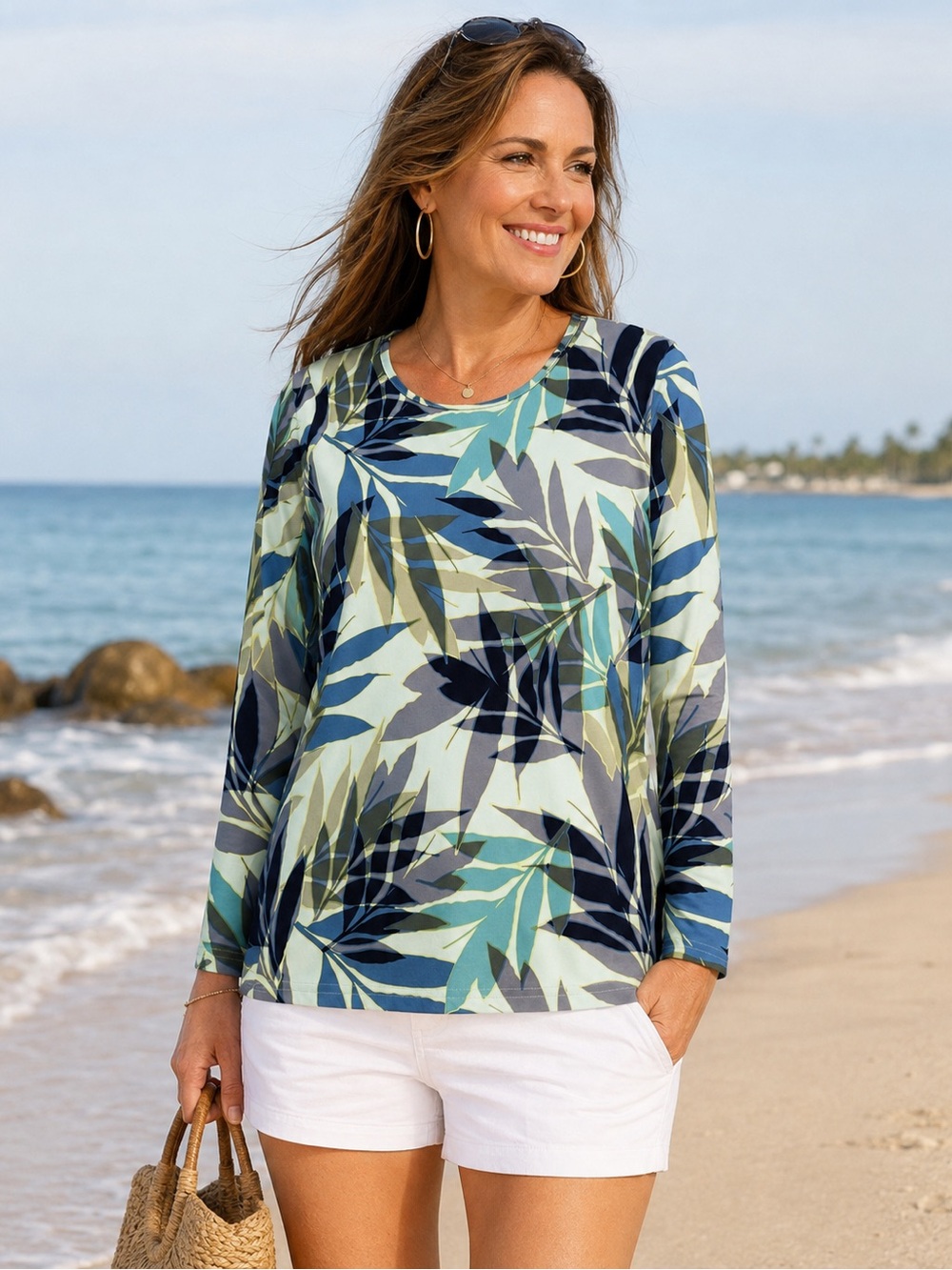 Hang Ten Leaf-Print Long Sleeve Top in Blue and Green